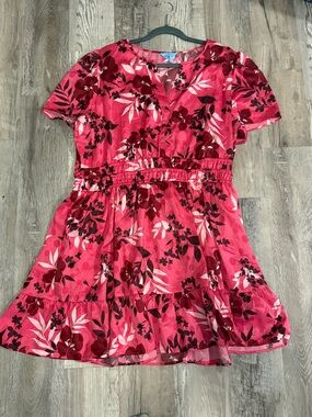 Draper James XXL Pink Tropical Floral Tiered Dress Short Sleeve V-Neck Plus